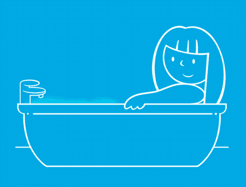 GIF ilustrat cu o persoană cu părul lung făcând o baie caldă pentru a ajuta la ameliorarea congestiei nazale.