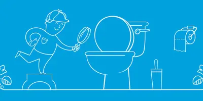 Ilustracija u plavoj i beloj boji: čovek sa kačketom stoji na postolju i drži lupu, pažljivo posmatrajući WC šolju. Pored su toalet papir i četka za WC, a oko njega su nacrtani listovi biljaka.