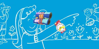 Illustrierte Kinder spielen mit einem Spielzeug Fernglas und angemalten Pappboxen