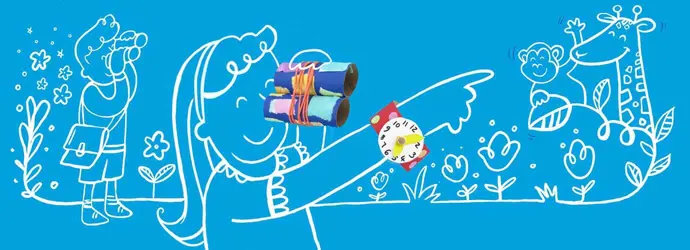 Illustrierte Kinder spielen mit einem Spielzeug Fernglas und angemalten Pappboxen