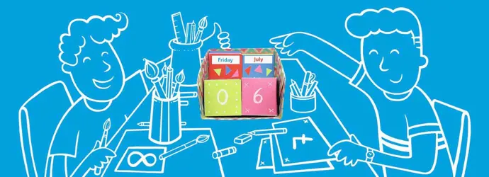 Ein illustriertes Kind vor einem blauen Hintergrund bastelt an einem Tisch