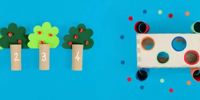 Spiele für die Entwicklung der Feinmotorik aus leeren Toilettenpapierrollen und Taschentuchboxen