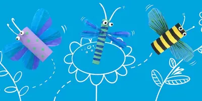Aus Plastik gebastelte Insekten vor einem illustrierten Hintergrund mit Blumen