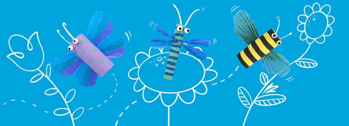 Aus Plastik gebastelte Insekten vor einem illustrierten Hintergrund mit Blumen