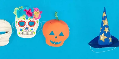 Măști făcute manual pentru Halloween - mumie, craniu din zahăr și un dovleact cu pălărie de vrăjitoare