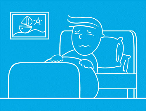 Илюстриран GIF на разтревожен мъж  в легло, получава купичка супа и се усмихва.