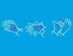 Tri bijele konturirane ruke na plavoj pozadini koje prikazuju različite geste, svaka označena crvenim simbolom.