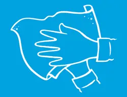 Illusztráció a törölközővel való kéztörlésről, kék háttéren.