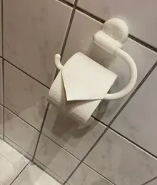 Nahaufnahme einer Zewa Toilettenpapier Rolle auf einem Toilettenpapierhalter.