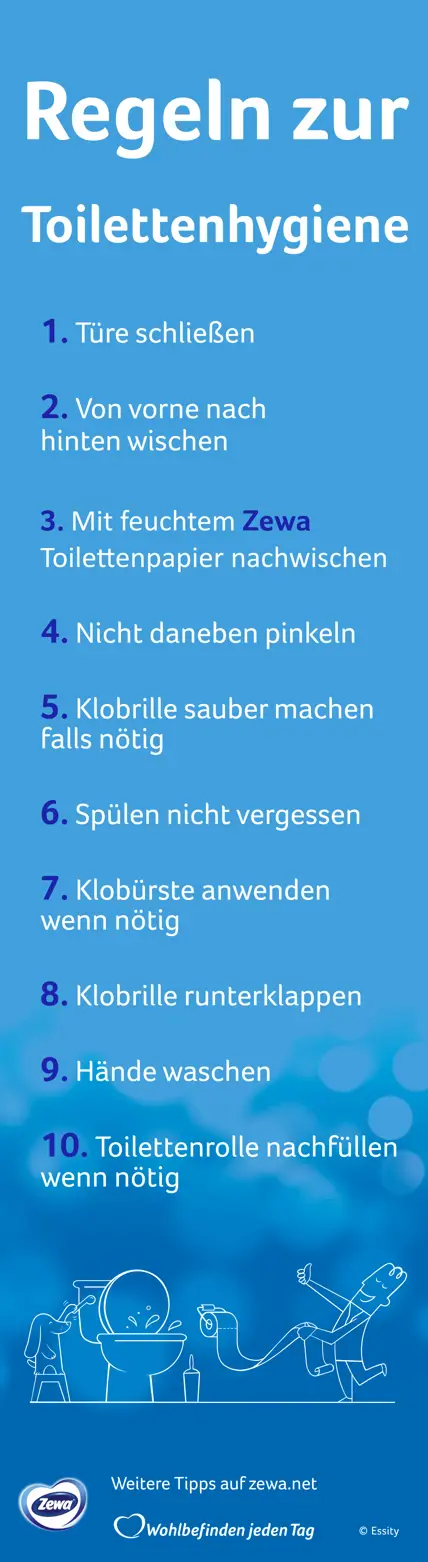 Eine Infografik mit 10 Toilettenregeln in weißen Buchstaben auf violettem Hintergrund.