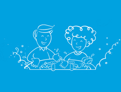 Blaue Illustration von zwei Kindern, die zusammen fröhlich ihre Hände mit Seife und Wasser waschen, umgeben von Schaumblasen.