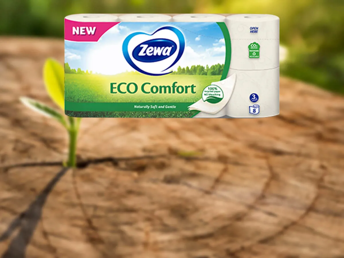 Az új Zewa ECO Comfort 100%-ban újrahasznosított papírból, kémiai fehérítés és vegyszerek nélkül készült