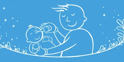 Ένας εικονογραφημένος μπαμπάς κρατά ένα μωρό και του φυσάει τη μύτη με φούσκα αναρρόφησης