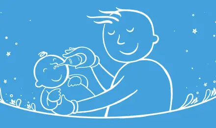 Ένας εικονογραφημένος μπαμπάς κρατά ένα μωρό και του φυσάει τη μύτη με φούσκα αναρρόφησης