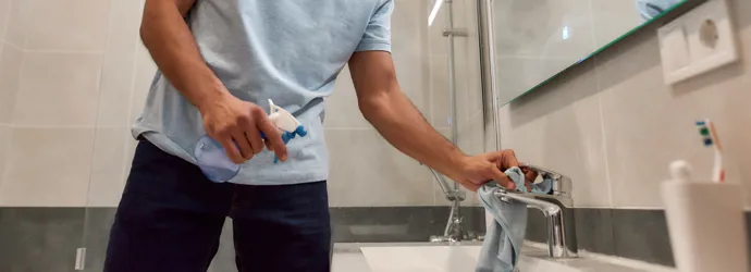 Egy férfi egy modern fürdőszoba mosdókagylóját tisztítja egy szórófejes flakonnal.
