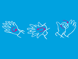 Τρία χέρια με λευκό περίγραμμα σε μπλε φόντο που δείχνουν διαφορετικές χειρονομίες, η κάθε μία με κόκκινο σύμβολο.