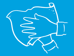 Blaue Illustration von zwei weiß umrandeten nassen Händen beim Abtrocknen mit einem sauberen Handtuch nach dem Händewaschen.