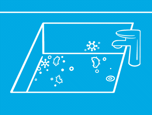 Na plavoj pozadini se može videti beli obris ruku kako prska i čisti bakterije iz unutrašnjosti sudopera.