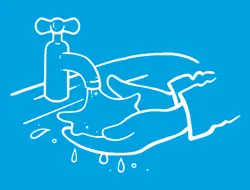 На малюнку зображен процес ополіскування рук під проточною водою з краплинами, що падають.