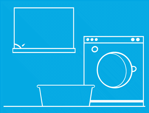 Un GIF ilustrat cu o mână de copil aruncând lenjeria intimă în coșul de rufe lângă mașina de spălat de două ori pe zi.