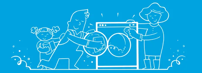 Desen cu doi adulți și un copil lângă o mașină de spălat, adulții ștergând mașina cu prosoape de bucătărie. 