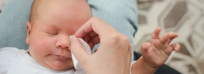 Beba zatvorenih očiju leži na nečijem krilu dok joj odrasla osoba nežno briše lice vlažnom maramicom.