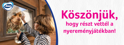 Egy fiú egy barátságos lényt érint meg az ablakon keresztül, köszönő üzenettel a jobb oldalon.