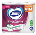 Zewa Ultra Smart Toilettenpapier, 4-lagig, ohne Hülse, doppelte Blattanzahl in violetter Verpackung.
