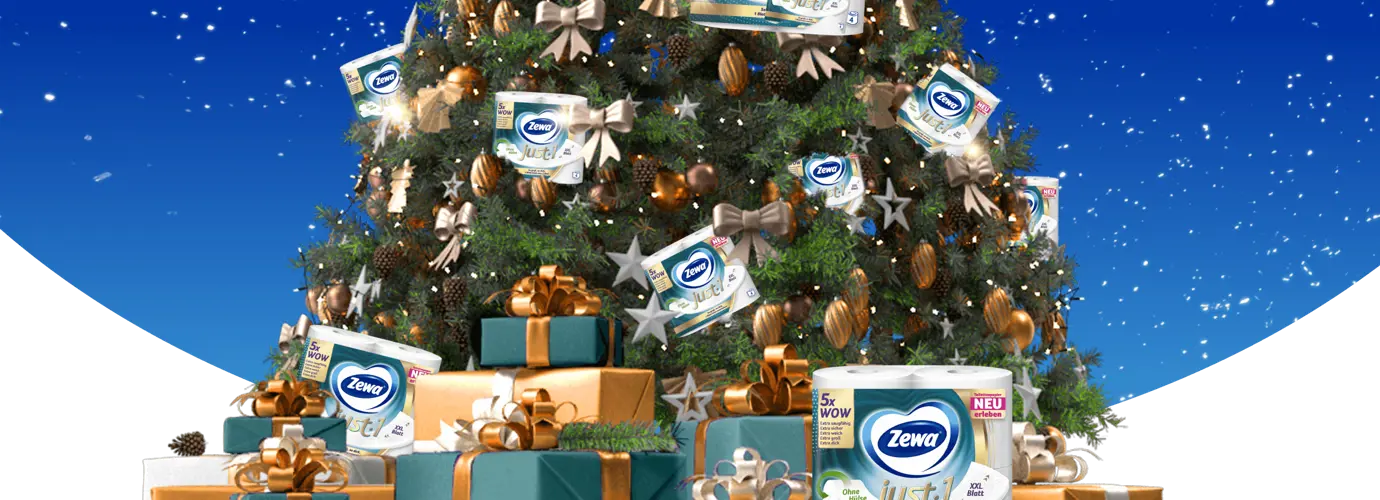 Wie viele Zewa just 1 Packungen verstecken sich im Baum?