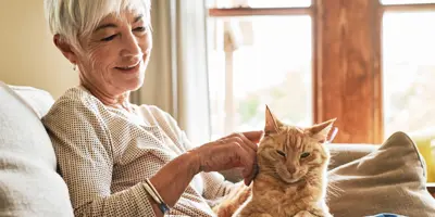 O femeie zâmbitoare mângâie o pisică roșcată în poala ei pe canapea.