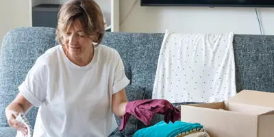 Eine Frau sitzt in einem Wohnzimmer in Jeans und T-Shirt auf der Couch und sortiert einen Stapel Altkleider aus.